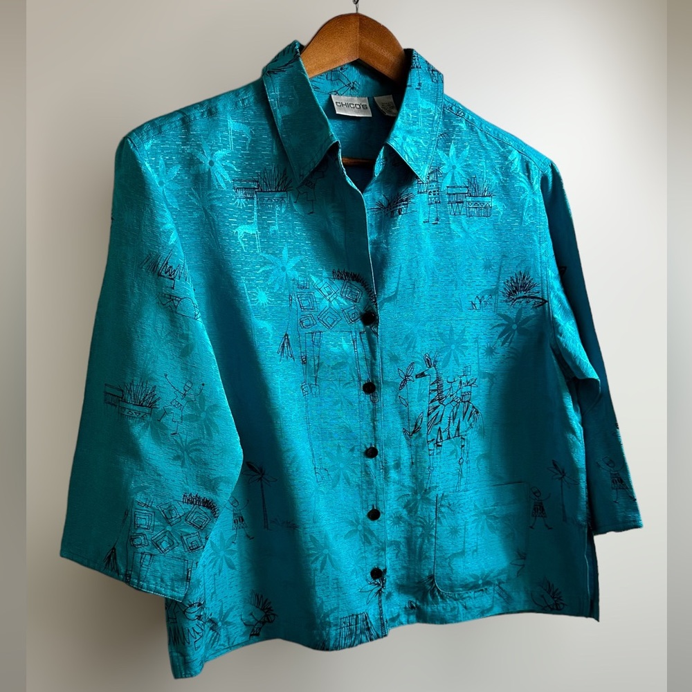 Chico's Tropical Print Teal Silk and Linen Blend Blouse